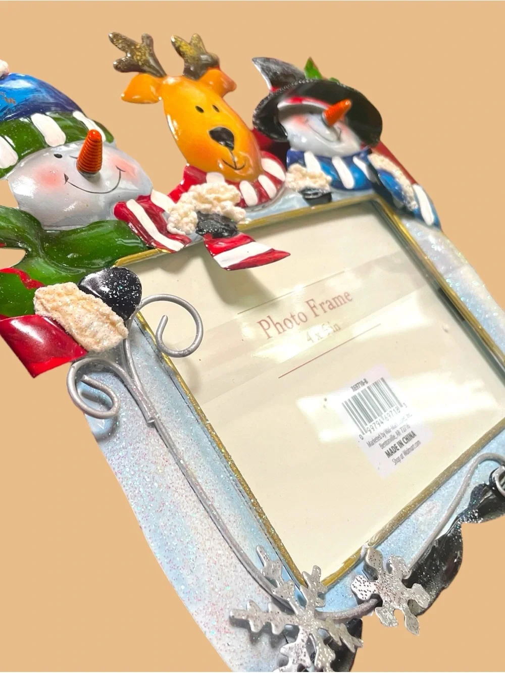 New Open Box Cut Tin Snowmen & Reindeer Hi Quality Christmas Picture Frame